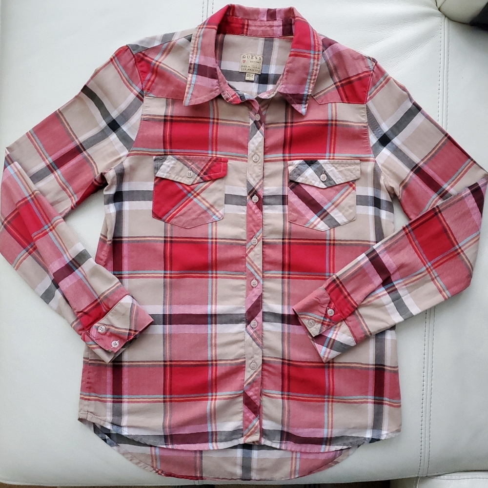 2/40$ Guess nice plaid pink button-down shirt - Picture 6 of 9